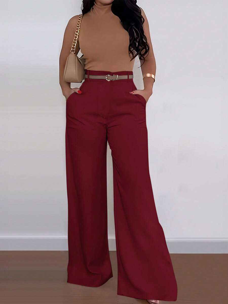 ANCHOSE 女士休闲高腰口袋设计喇叭裤，宽松版型，酒红色，适合夏秋季 - 酒紅色 - 查看 1