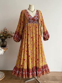 Rusttydustty Plus Size Women's Yellow Floral Bohemian Vintage Long Sleeve Dress, Suitable For Vacation And Travel, Autumn/Winter - Yellow - View 1