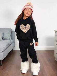 2pcs/Set Young Girls Leopard Print Heart Pattern Fleece Sweatshirt And Sports Pants Set, Autumn Winter - Black - View 1