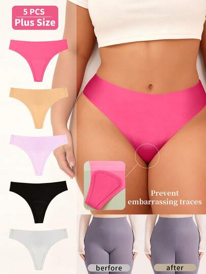 5pcs Seamless Solid Color Anti-Chafing Panties, Containing Latex Fiber And Antibacterial Crotch, Suitable For Plus Size Women Sports & Yoga