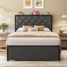 Gunji Bed Frame With 2 Storage Drawers, Tufted Upholstered Headboard With Charging Post, No Springs, No Noise, All-Metal Construction,Grey - 灰色 - 查看 4