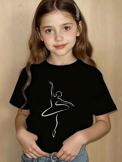 Girls' Short Sleeve Ballet Themed Print T-Shirt, Suitable For Party, Travel, Casual Daily Wear, Fashionable Girl Clothing
