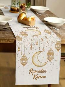 1 Pc Ramadan Golden Crescent Moon Pattern Table Runner With Blessing Text, Islamic Home Decor Table Runner, Indoor Outdoor Party Decorations For Ramadan Home Kitchen Decor And Ramadan Events - Multicolor - View 11