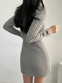 学院风蝴蝶结针织连衣裙，收腰设计，修身剪裁，彼得潘领，迷你裙 - 灰色 - 查看 5