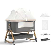 Jimberbay Baby Bassinet, 5 In 1 Bedside Sleeper With Mosquito Net Diaper Table 4D Air Fiber Mattress And Storage Basket, Waterproof Mattress Baby Crib, Grey - Grey - View 2