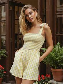 Women's Summer Spaghetti Strap Jumpsuit Sleeveless Wide Leg Plaid Shorts Overalls - Màu vàng - Xem 4