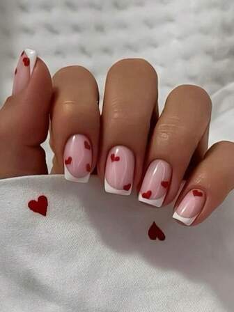 Valentine's Day Nails, 24 Pieces/Set Square-Shaped Valentine's Day Pink Base With White French Tips Two Or Three Red Hearts Press-On Short Nails For Girls Suitable For Sassy Girls, Office Ladies, Parties, Dates, Everyday Wear, And Parties
