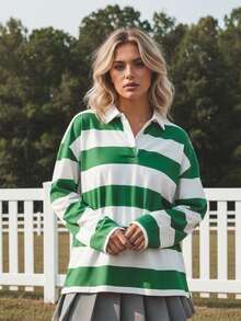 Women Striped Oversized T-Shirts Casual Loose Lapel V Neck Long Sleeve Tops  Fall Streetwear - màu xanh lá - Xem 2