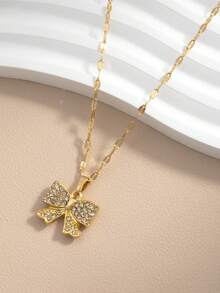 A Fashionable, Simple And Versatile Women's Necklace With Inlaid Rhinestones And A Three-Dimensional Bow - Gold - View 4