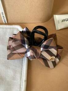 Plaid Bow Vintage Hair Claw Clip, Classic Coffee Brown High-End Fashion Hair Clip For Half Or Full Updo, Thick Hair Bun Claw Clip, Gift Hair Accessory, Retro Chic Classic Winter Hair Clip Women Hair Accessories - 海軍藍 - 查看 5