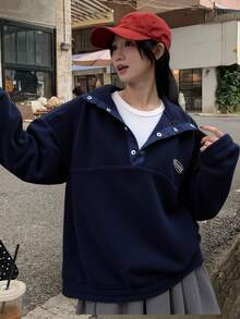 DAZY Women's Loose Fit High Neck Sweatshirt With Front Logo Print, Thick Thermal Lining, Autumn - Blue - View 4