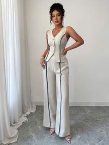 LilyHouse Women's Summer 2-Piece Set, Contrast Striped Elegant Casual Front Button Cardigan Vest Top And Brown Striped Pants, Suitable For Office, Daily, Business Commute/Valentine's Day Outfit