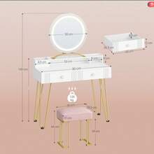 HEXCELEN Dressing Table With Stool And Lighting, Dressing Table With Mirror, 40 * 90 * 140 Cm, Dressing Tables With Drawers, Pink Upholstered Stool, Bedroom, Modern, Matte White And Gold - Phích cắm loại C của EU (220-240V) - Xem 10
