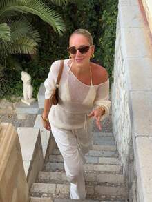 VIBEWAVE Women's Loose Knit Sweater With Tie, See-Through Round Neck Long Sleeve Pullover - Beige - View 2