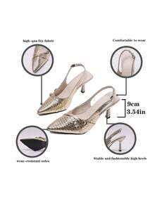 Damen Spitz Zulaufende Kitten Heel Slip-On Sandalen - Gold - Übersicht 8