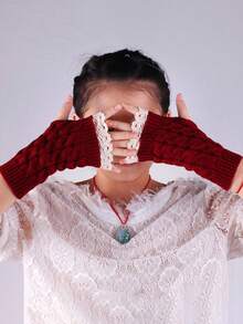 1 Pair Autumn/Winter Knitted Fingerless Gloves For Women, New Lace Trim Half Finger Gloves, Versatile & Warm Wrist Warmers - Multicolor - View 3