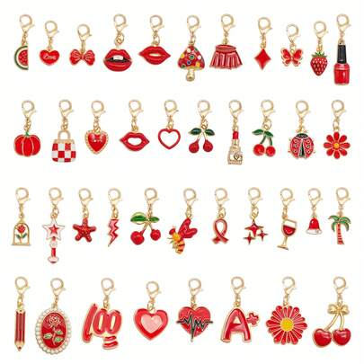 10件套滴油吊坠套装，配有龙虾扣，红色珐琅吊坠，水果/花朵/爱心造型，时尚饰品配件，可用于钱包、包包、鞋子等工艺品装饰。
