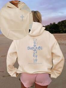 CHICLY19 Boho Floral Cross Graphic Hoodie With Bible Verse, Women's Casual Oversized Pullover Hooded Sweatshirt, Christian Faith-Inspired Long Sleeve Top, Cozy Fleece Lined, Preppy Aesthetic, Perfect For Church Services, Bible Study Groups, Beach Days, School, Errands & Lounging, Ideal Gift For Religious Believers, Faith-Based Communities, Christian Teens & Spiritual Seekers, Breathable Soft Fabric, White & Heather Gray Options, Plus Size Available - 白色 - 查看 7