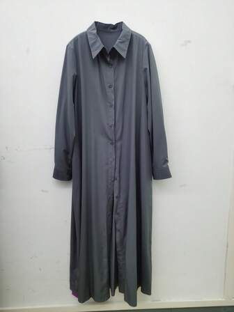 女装秋冬休闲时尚宽松衬衫裙中东纯色棕色翻领纽扣门襟长袖衬衫裙