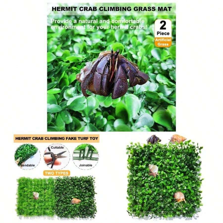 2 PCS Hermit Crab Climbing Toys Faux Grass 10x 10 Inch Turf Hermit Crab Climbing Wall Square Plastic Aquarium Plants Lawn HermitCrabs Supplies Small Animals Cage Accessories - Dark Green - View 1