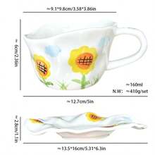 1 Cup 1 Saucer 160ml Ceramic Coffee Cup And Saucer Set, Korean Ins-Style Hand-Painted Cute Girly Ceramic Mug Set With Coffee Cup And Dessert Plate, Sunflower Floral Pattern Tableware, Whole Set For Drinking Espresso, Milk, Oatmeal