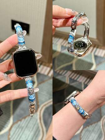 LuLuTom 1pc Fashion Blue And White Porcelain Pattern Bracelet Band Compatible With Apple Watch Band S11/S10/9/8/7/6/SE/5/4/Ultra 2 3, Compatible With Apple Watch Band Strap 49mm (S10 S11)46mm 45mm 44mm (S10 S11)42mm 42mm 41mm 40mm 38mm, Drip Glue Epoxy Resin Metal Watch Band Compatible With Iwatch, Vintage Fine Casual And Stylish Women Watch Accessories, Smart Watch Strap/Band