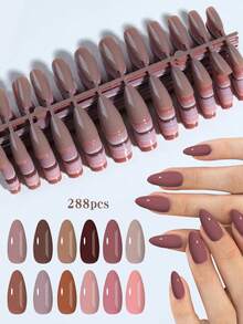288pcs (12 Colors) Almond Shaped Shiny Brown Nail Stickers, Perfect Fit, Easy To Wear, Suitable For Women's Daily Work, Parties And Other Occasions - Brown - View 2