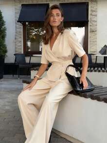 女士优雅两件套，V领收腰西装外套，阔腿口袋长裤套装，办公室/工作装 - 杏色 - 查看 6