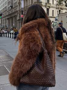 HH Faux Fur Jacket For Women Elegant Solid Lapel Long Sleeve Coat Casual Loose Female Winter Oversize Lady Chic Streetwear Jakcets - Maroon - View 9