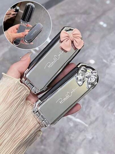 Foldable Travel Hair Brush With Detachable Mirror, Pocket Mirror, Compact Folding Design, Massage Brush, Suitable For Fitness, Travel, Handbag, Swimming And Other Occasions