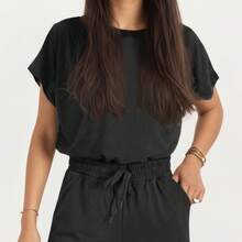Women's 2-Piece Set Short Sleeve Relaxed Fit Top And Wide Leg Pants With Soft Stretch Fabric And Drawstring Waist - 黑色 - 查看 6