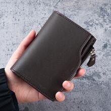 Cartera corta de cuero para hombres, cartera triple conúltiples tarjetas, monedero con cremallera para hombres - Marrón oscuro - Ver 5