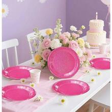 D50 PCS Iridescent Hot Pink Paper Plates 7 Inch Dert Plates Holographic Hot Pink Disposable Plate For Birthday Party Dinner Wedding Baby Shower Glitter Cake Plate - 虹彩亮粉色盤子 - 查看 2