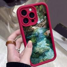 Cubierta de telefono con borde negro y diseño de arroyo cristalino en bosque para iPhone 14 Pro Max Protector de pantalla con impresion natural para uso diario y viajes - Café integral - Ver 4