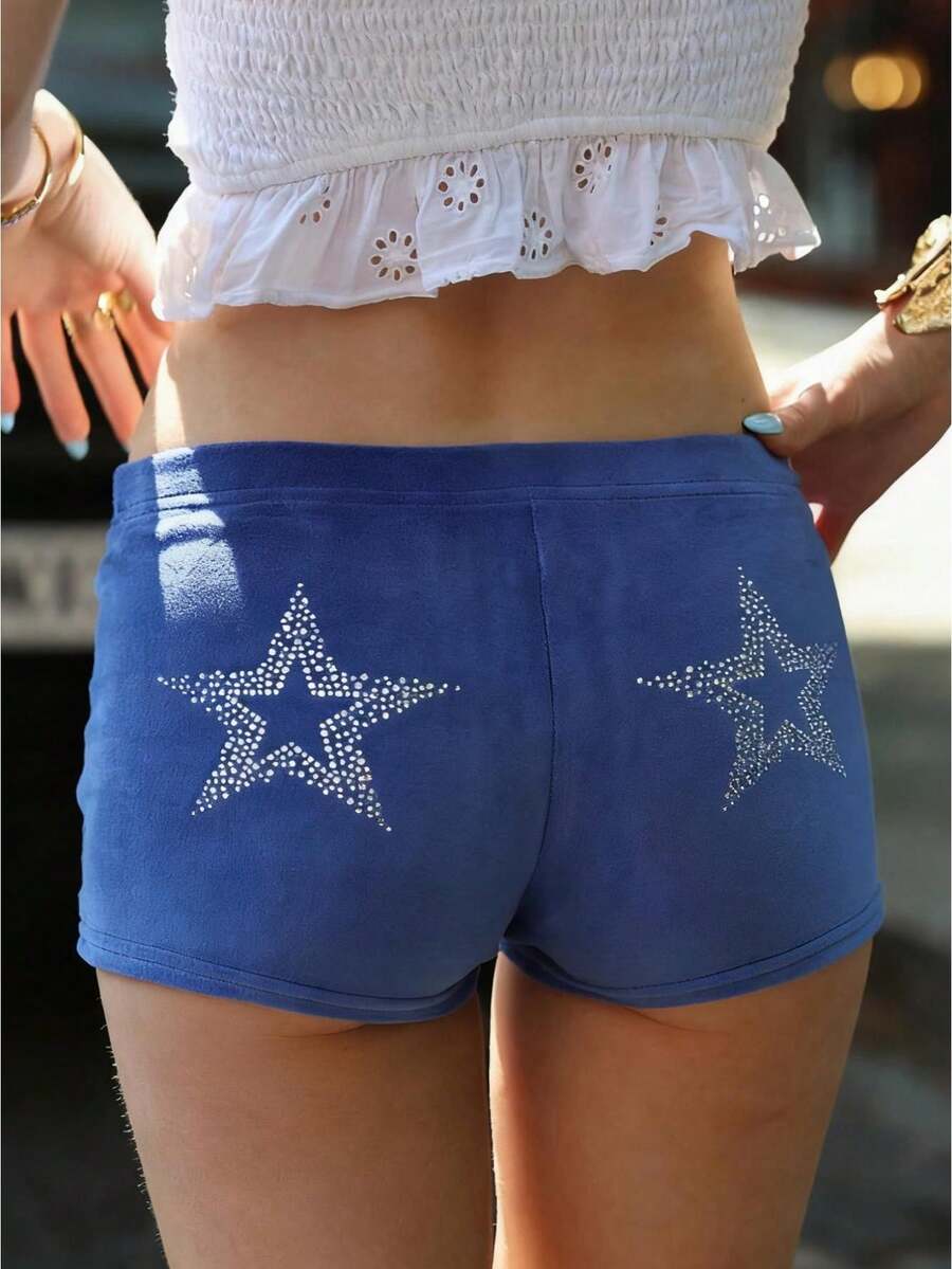Women Velvet Shorts Rhinestone Beaded Velour Booty Bottoms Studded Y2k Low Rise Micro Shorts - 藍色 - 查看 1