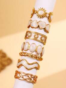 7件套复古优雅时尚奢华设计太阳、心形、几何形状白色珍珠金色戒指套装，适合日常、通勤、度假装扮，女士珠宝 - 彩色 - 查看 4