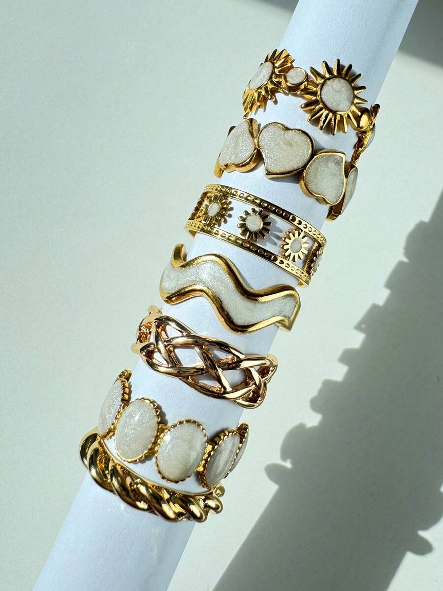 7件套复古优雅时尚奢华设计太阳、心形、几何形状白色珍珠金色戒指套装，适合日常、通勤、度假装扮，女士珠宝 - 彩色 - 查看 1