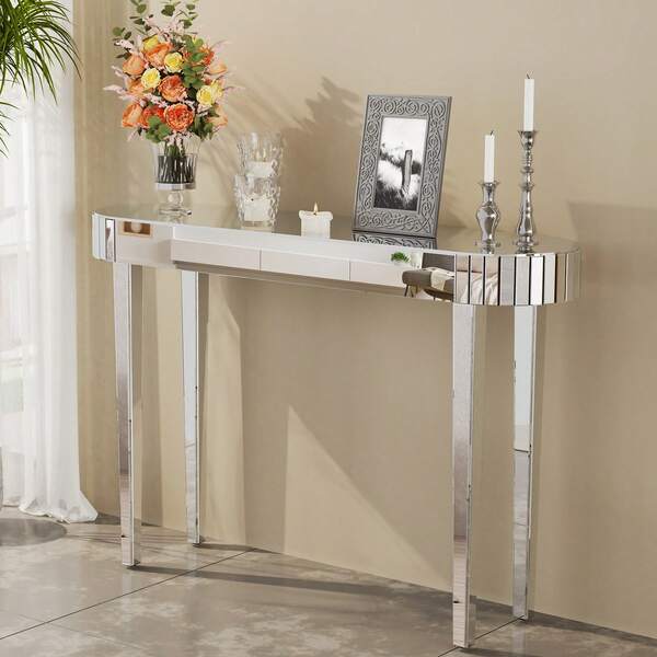 UNHO Mirrored Console Table, Oval Entryway Table, Modern Glass Hallway Table For Living Room, Silver 120*32*80 Cm