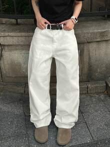 1pc Infinite Jeans Men's Casual Straight Leg Jeans, High-Quality Streetwear Comfortable Pants (Belt And Accessories Not Included) - White - View 3