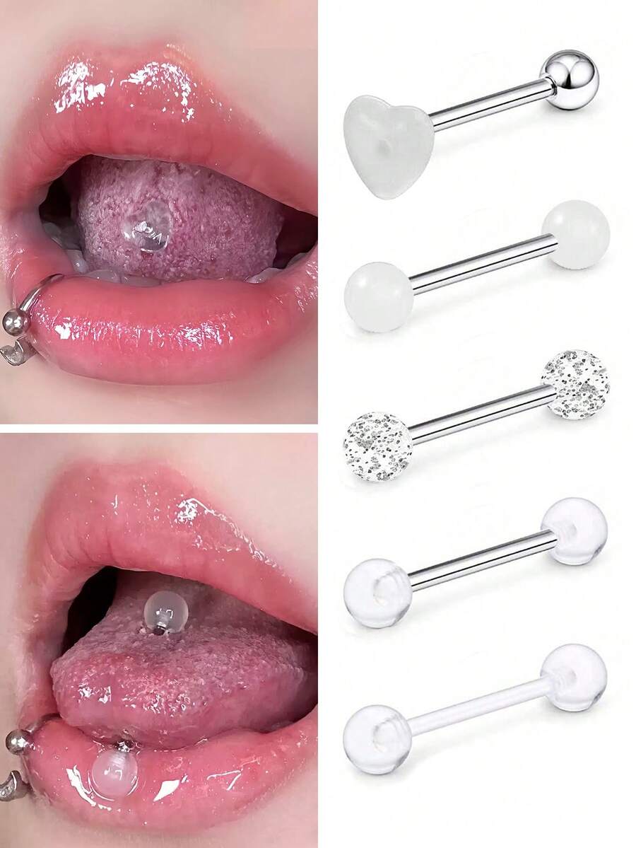 10pcs Invisible Clear Ball Heart Tongue Rings, Suitable For Students To Wear Discreetly For Daily Use - White - View 1