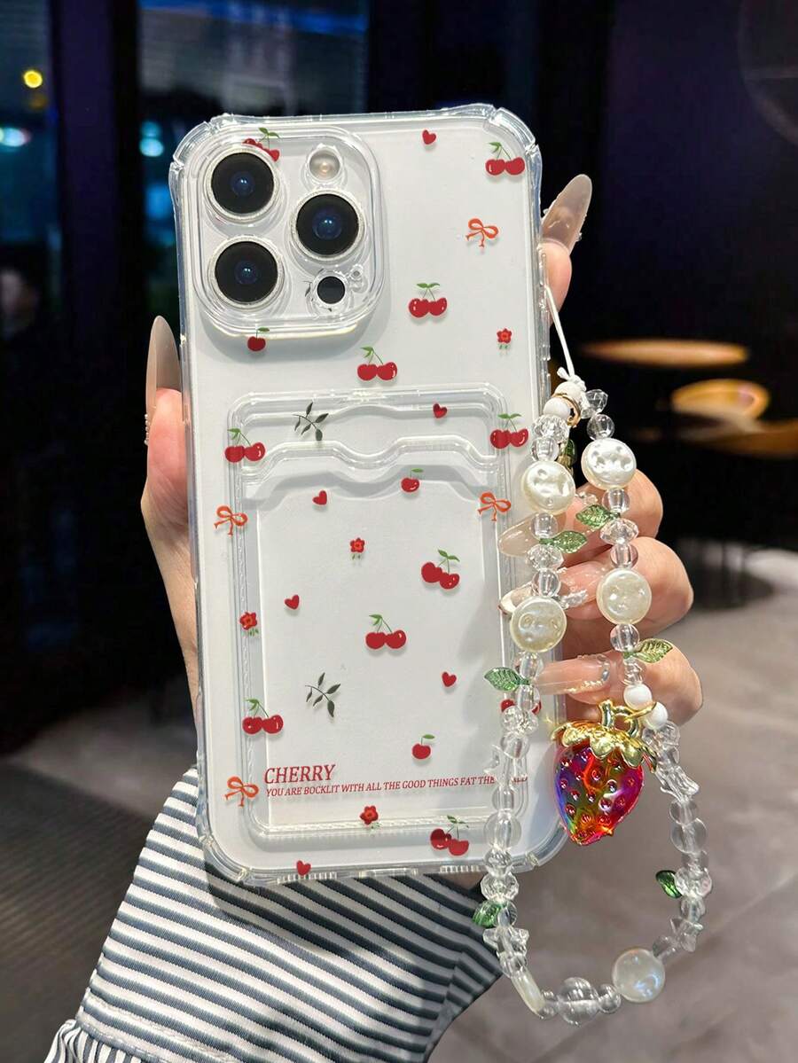 1个樱桃彩绘透明卡包多功能钱包，带腕带；加厚防震手机壳，兼容 17/17 Pro/17 Pro Max、16/11/16 Pro/16 Plus/16 Pro Max/16e、15 Pro Max、13/14/12/XS/XR/7G/8P；兼容Galaxy S25/S25 Plus/S25 Ultra、A16/A36/A26/A56/A50、11/12 Pro/12/12X/13 Pro/14 Pro/15 Pro/X3 Pro；兼容Redmi 10/9/Note 9/12C/Note 11 Pro/Note 8 Pro/9C/9A - 彩色 - 查看 1