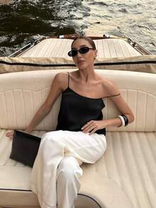 VIBEWAVE 女士宽松缎面吊带背心，2026 新款，优雅细肩带设计 - 黑色 - 查看 10