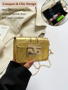 Gold Mini Crocodile-Embossed Chain Shoulder Bag/Crossbody Bag With Adjustable Chain Strap, Compact Evening Clutch For Women, Luxury Small Shoulder Bag For Parties, Travel Accessories, Date Nights And Special Events, Fits Lipstick, Keys And Essentials In Premium Metallic Finish,The Best Gift Choice, Birthday Gift, Christmas Gift[US Local Warehouse] - Multicolor - View 7