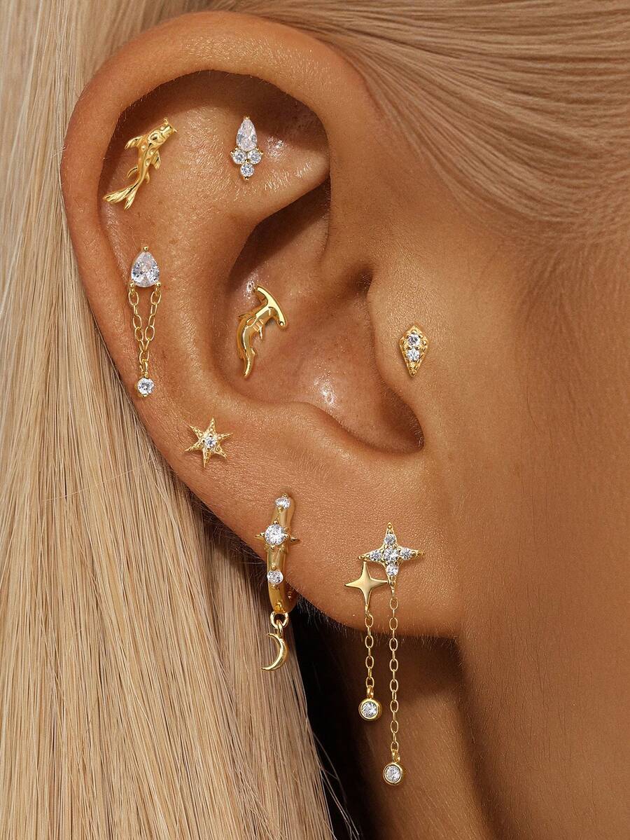 EleRunis 1 قطعة أقراط مطرزة من الفضة الإسترليني عيار 925 بتصميم غير متماثل لنجمة البحر والسمكة الذهبية، مناسبة للارتداء اليومي، الزفاف، الحفلات، الخطوبة، الأعياد، عيد الحب وغيرها من المناسبات