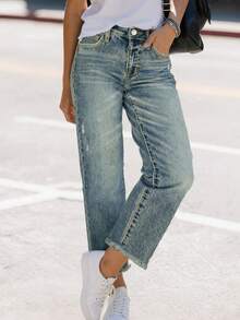 舒适宽松弹力做旧水洗蓝色毛边直筒牛仔裤，女款，街头风 - 復古水洗藍 - 查看 3