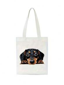 1pc Spacious Canvas Handbag With Cute Sausage Dog, Cute Puppy Print - Reusable Grocery Bag, Durable Shoulder Strap, Perfect For Shopping And Gifts, Women's Large Capacity Beach Shoulder Bag, Perfect Gift For Grocery Store Shopping And Daily Use, Suitable For Travel, School And Daily Commuting, The Best Gift For Dog Lovers