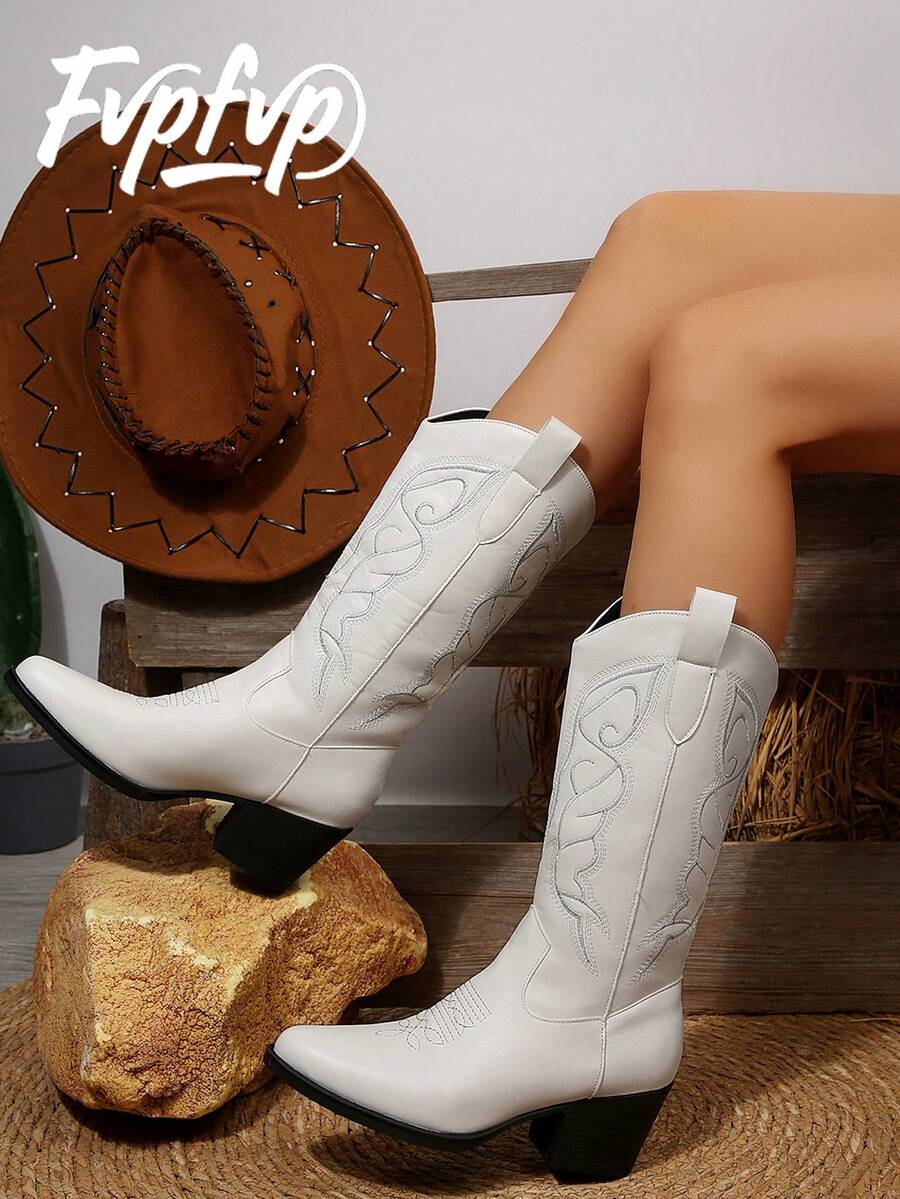 FVPFVP 2024 Autumn New Genuine Leather Pointed Toe Cowboy Boots, Retro Western Style Knee-High Boots For Women - White - View 1