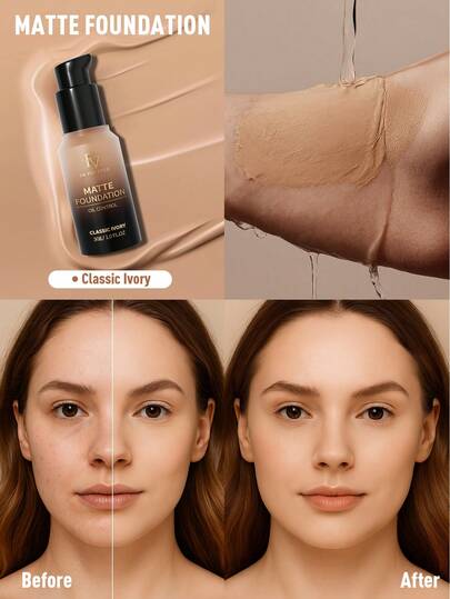 持久透气保湿粉底液 - 轻盈哑光妆效，防汗控油，多功能遮瑕，完美遮盖瑕疵，隐形毛孔，防水防晕染，轻盈无感。适合毕业季、节日、夏秋季、Y2K时尚、女性彩妆品牌、美妆派对、海滩、旅行、露营、户外活动、校园旅行、节日庆典、送礼佳品、玫瑰少女角色扮演，最佳色彩魅力氛围。