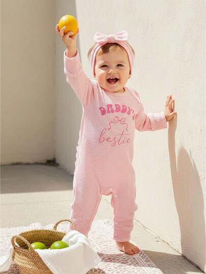 Baby Girls Father's Day Romper Daddy's Bestie Embroidery Jumpsuit Long Sleeve Round Neck Bow Letters Embroidery Full Length Jumpsuit With Headband Baby Girls One Piece Outfit