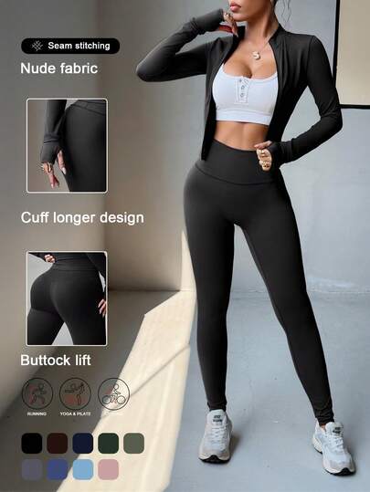 Aoqta Sports Women's Two Pieces Spring/Summer Leisure Outdoor Sports Solid Color Yoga Suit Zipper Long Sleeve Top And Slim Pants Running Fitness Suit Gym Wear Suitable For Outdoor Fitness Pilates Running Exercise